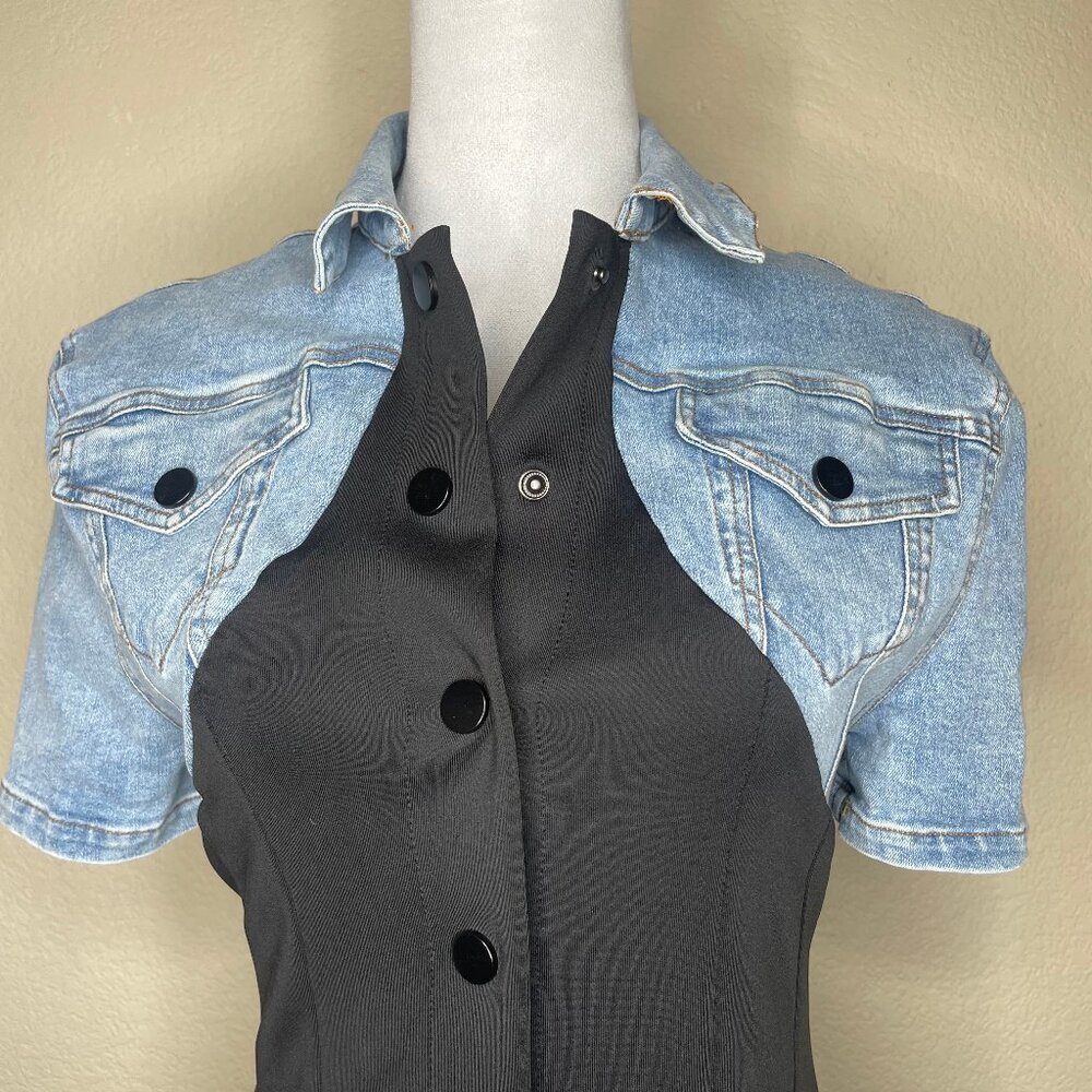 Fancy Dream Mixed Media Denim Hybrid Mini Dress Black Button Front Y2K Grunge M - Picture 3 of 11